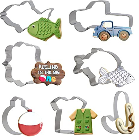 Fangleland 7 PCS Gone Fishing Cookie Cutter Set, Stainless Steel Sports Jersey Fis Candy Cane Fishing Bobber Cookie Molds for Fisherman Themed Party Supplies