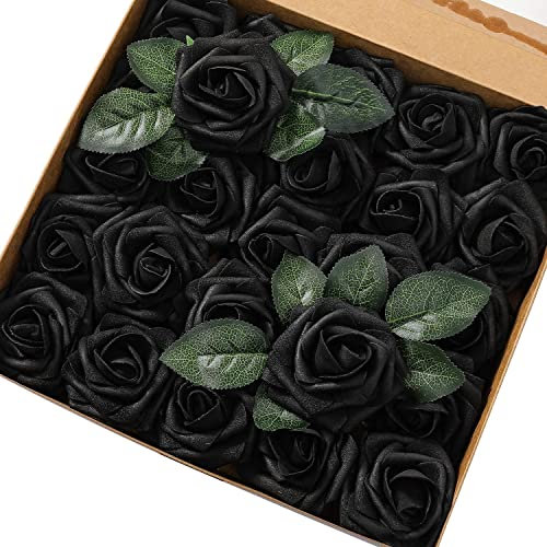 PIQIUQIU 25 Rosas Artificiales de Espuma, Rosas Artificiales, Rosas de Espuma para Manualidades, Bodas, Ramos de Novia, decoración del hogar (Negro)