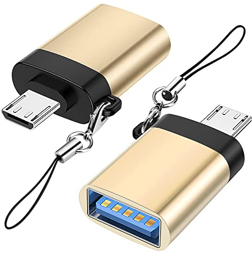 Seminer Adaptateur Micro USB vers USB 3.0 (Pack de 2) avec Lanière, Micro USB Mâle vers USB-A Femelle Adaptateur OTG Compatible avec Samsung S7 S6, Micro Appareils OTG, Clé USB, Clavier (Or)