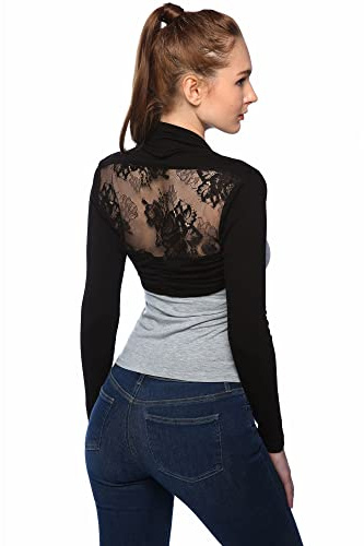 AmélieBoutik Women Lace Back Bolero Cropped Cardigan Shrug(Black X-Large)