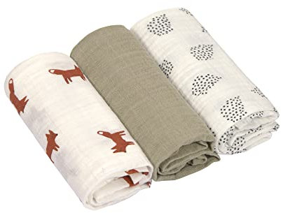 LÄSSIG Baby Puckdecke Spuckdecke Pucktuch Mulltuch 3er Set Baumwolle 60 x 60 cm/Swaddle & Burp Blanket M Little Forest Fox