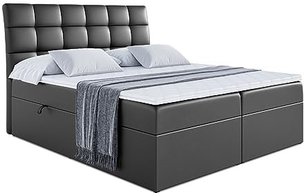 ALTDECOR Boxspringbett mit Matratze und Lattenrost, Boxbett, Topper, Polsterbett mit Bettkasten, Bett mit Stauraum H3-Matratze, Doppelbett, Springboxbett - BRUGO - 120x200 - Schwarz Kunstleder