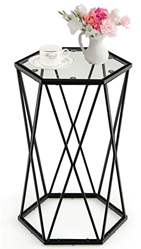 COSTWAY Hexagonal Coffee Table, Metal Frame Small Sofa End Side Table with Tempered Glass Top, Modern Narrow Nightstand Accent Snack Tea Table for Living Room, Bedroom and Balcony (40 x 35 x 61cm)