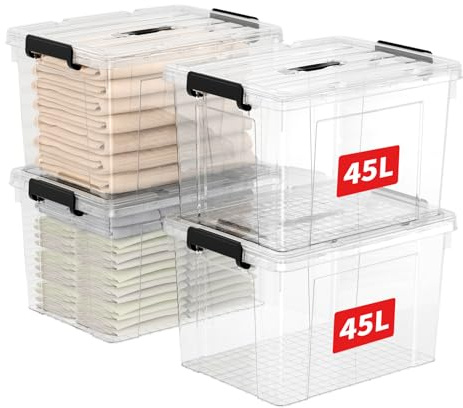 Cetomo 45L*4 Caja de Almacenamiento con Asa, Caja de Plástico con Tapa y Cierre Seguro, Contenedor de Almacenamiento Grande, Duradera, Apilable, Resistentes, Transparente, Paquete de 4 de 45L