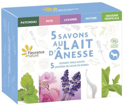 Coffret de 5 Savons au lait d'ânesse Fleurance Nature, soins cosmetiques naturels, certifiés bio pour tous types de peaux, coffret cadeau 29551