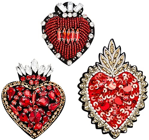 INFUNLY 3 Stück Herz-Strass-Perlen-Patch Rote Kristalle Zum Aufnähen DIY Dekorative Flicken Handgefertigte Bling-Applikationen Für Kleid Kleidung Jeans Jacken Handtasche
