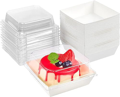 LATERN 50Pcs Cake Slice Boxes with Clear Lids, 12CM Oil-Proof Paper Charcuterie Dessert Food Containers Cupcake Takeaway Boxes for Bakery Macaron Sandwich Cookies (White)