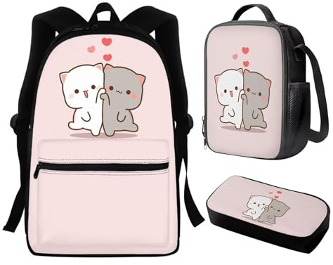 HUIACONG Pink Cat Girls Backpack Age 8-10/10-12 Years Old,Teenage Elementary School Bookbag with Lunch Box and Pencil Case Kids Primary School Bags Set 3 in 1