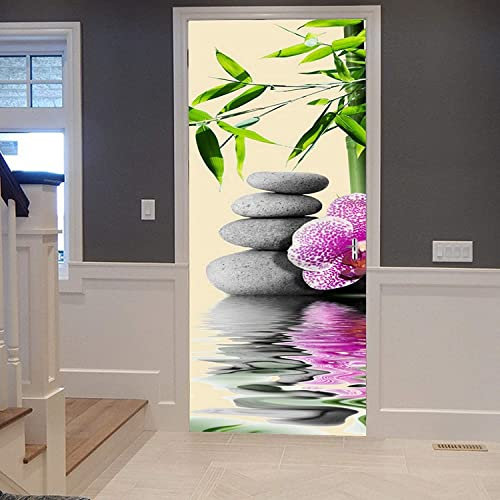Türaufkleber Türtapete Türbilder Türposter Selbstklebend 3D Grüner Bambus Blumenstein Zen 95 X 215 Cm Pvc Wasserdicht Abnehmbare Wandbilder Für Schlafzimmer Haus Bad Wc Büro Dekoration - Türwandaufkl