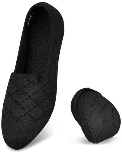 Puxowe Damen Ballerina Flache Schuhe Runde Zehe Strick Kleid Schuhe Niedriger Keil Slip On Ballerina Walking Flats für Frauen Bequem 38 EU Black