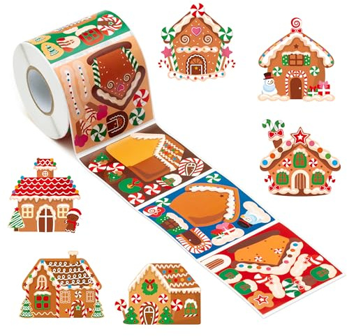 Haooryx 300 STK. Weihnachts-Lebkuchenhaus-Szene-Sticker Rolle Kreatives DIY-Kunstprojekt die gesamte Familie Festliche Dekoration Weihnachten Winter Partys Geschenkbeutel Wasserflaschen Umschläge