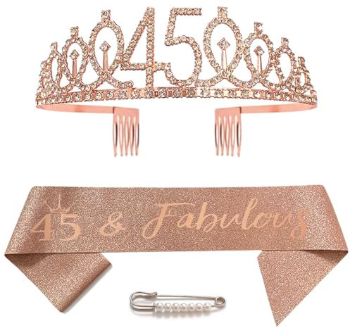Écharpe et diadème d'anniversaire 45 ans, couronne en cristal or rose 45, couronne d'anniversaire, écharpe décorative d'anniversaire pour filles et femmes, accessoires de fête d'anniversaire