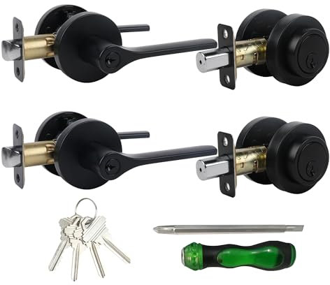 JESSTTI Juego de cerraduras de puerta exterior con cerrojo de seguridad, cerraduras de puerta para puerta delantera, pomos redondos para puerta exterior, cerradura de cerrojo y juego de pomos de