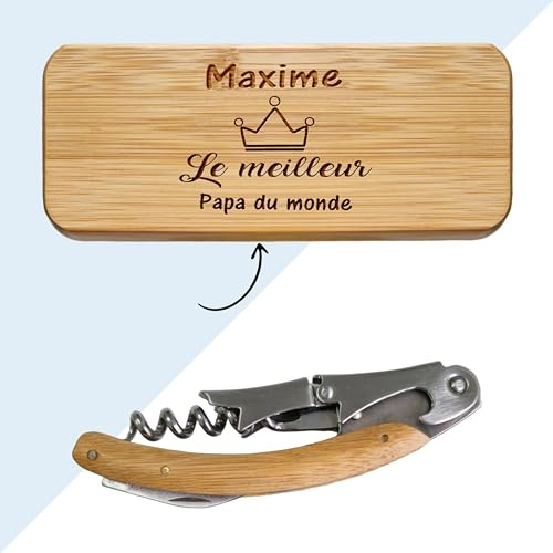 KDO MAGIC - Coffret en bois Personnalisé Tire bouchon inclus | Idée cadeau homme, papa, fête des pères, anniversaire | Accessoire à vin personnalisable prénom gravé | Coffret sommelier