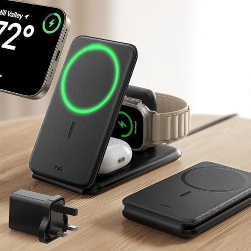 ESR for 3 in 1 Charging Station, 15W MagSafe Charger Stand for iPhone & Apple Watch Charger [Certified], Travel Charging for iPhone 17e/17/16/15/14/13/12 & Watch & AirPods 4/3, Black, No bag