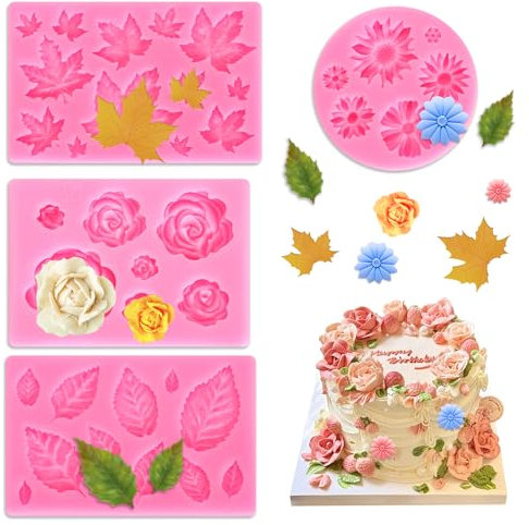 FIHODONE 4 moldes de silicona rosa, moldes de silicona 3D rosas y hojas, moldes de silicona para decoración de postres, moldes de silicona para tartas, azúcar, chocolate