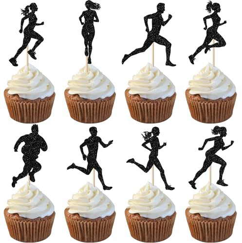 SYKYCTCY 24 Pack Running Cupcake Toppers Black Glitter Sports Fitness Cupcake Picks for Running Theme Boys Girl Kids Birthday Party Cupcake Decorations Supplies