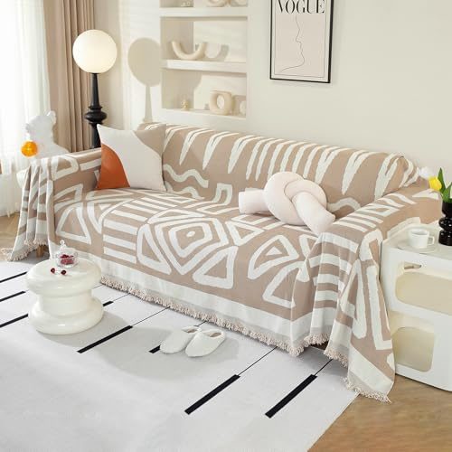 Royhom Sofa Überzug Boho, Sofabezug L Form, Couch Überzug Ecksofa, Sofaüberwurf 4 Sitzer, Couch Überwurf mit Deko Quasten, Khaki Sofa Überwurf(Boho Khaki, 180x380cm)