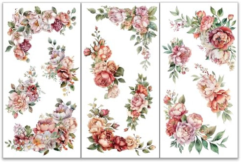 OLYCRAFT Set di 3 Adesivi Floreali ad Angolo per mobili e Artigianato 15 x 30 cm Rose e peonie Adesivi per trasferimento Floreale Decalcomanie per mobili in Legno Scrapbooking Decorazioni per
