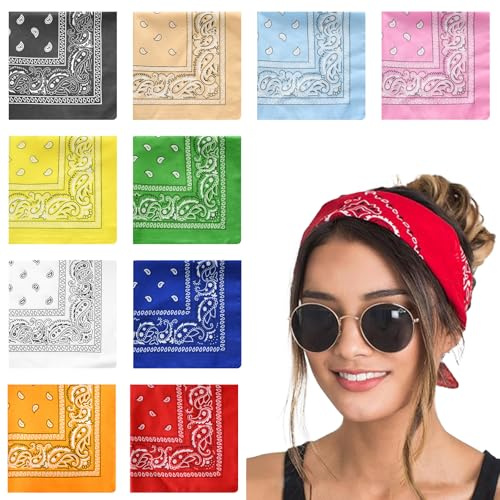 AWAVM Lot de 10 bandanas en coton de cow-boys - Foulard en soie de mûrier - Masque rafraîchissant - Cache-cou unisexe pour adulte - Écharpe - 54x54 cm, multicolore