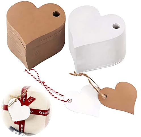 Etichette Regalo, 100 etichette a forma di cuore con etichette in carta kraft, etichette regalo a doppio lato vuote per bomboniere per artigianato fai da te, cartellini dei prezzi, bomboniera