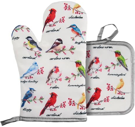 Ofenhandschuh und Topflappen Set Hitzebeständige Topfhandschuhe Polyesterfaser Kochhandschuhe für Kochen, Backen, Grillen Geschenk (Vogel)
