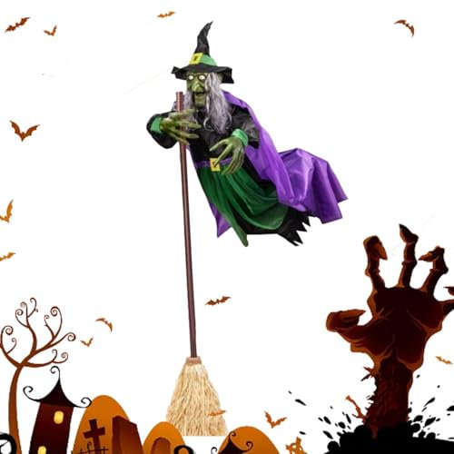 Fliegende Hexe Halloween – Fliegende Hexe auf Besen | Realistische Hexe Halloween-Dekorationen | 1,8 m gruselige animierte Hexenbesen Halloween-Dekorationen für Spukhaus, Garten, Hof, Rasen, drinnen
