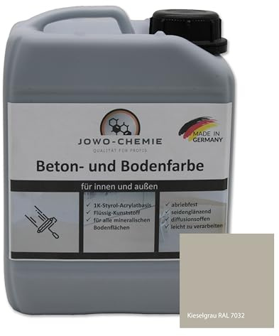 JOWO-CHEMIE Bodenfarbe (5kg) Betonfarbe Flüssig Kunststoff für 40m² Grauton Beton Estrichfarbe Beschichtungen für alle mineralischen Bodenflächen (Kieselgrau RAL 7032)
