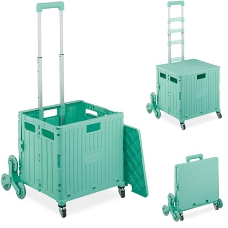 Relaxdays Einkaufstrolley Treppensteiger, klappbar, Einkaufskorb mit Rollen, Deckel, Teleskopgriff, bis 35 kg, türkis