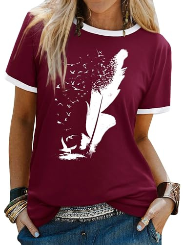 Dresswel Women's T Shirts Feather Print Crew Neck T-Shirt Summer Tops | Casual Short Sleeve Peace Dove Graphic Basic Cotton Tee Shirts