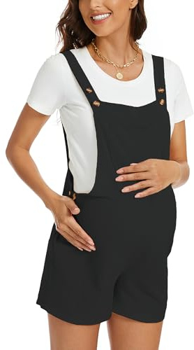 FEOYA Hängselbyxor graviditet kort damer mammajumpsuit lös bomull overaller sommar, svart, XL