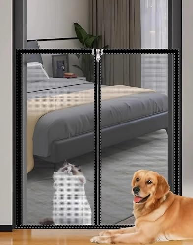 Hundeschutzgitter mit Reißverschluss & Selbstklebend, Katzennetz Tür mit Anti-Katzenkratzen, Treppenschutznetz für Wohnzimmer/Schlafzimmer, Kindersicherung Treppe ohne Bohren(Gray mesh black frame,70x