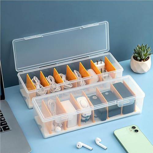 Amusingtao 2 Pack Cable Organizer Box with Lid, 7 Compartment Plastic Storage Box for Chargers, Cords, Desk Accessories Wire Tidy Organiser for Home, Office, Travel