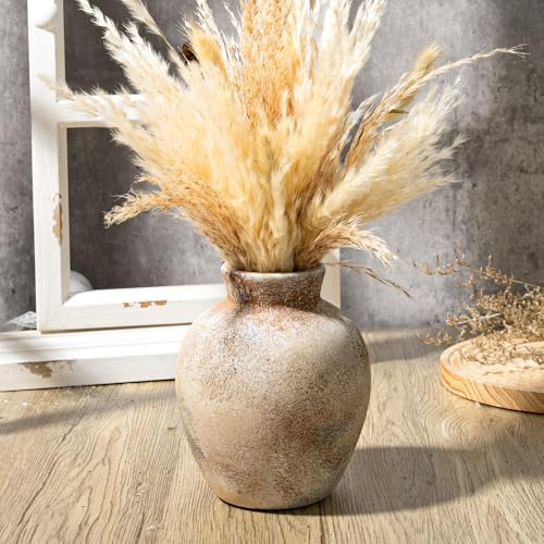 Fobule Rustic Ceramic Farmhouse Vase, Small Decorative Terracotta Flower Vase for Living Room, Table Centerpiece, Shelf Decor, Farmhouse, Entryway - 15.3cm Tall, Vintage Grey