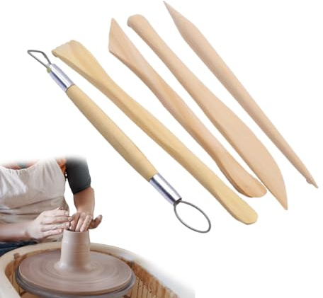 Ensemble d'outils de sculpture sur poterie – 5 outils de modelage pour argile, manche en bois | Instruments de gravure sur céramique, outils de bricolage pour poterie scolaire, projets artistiques, co