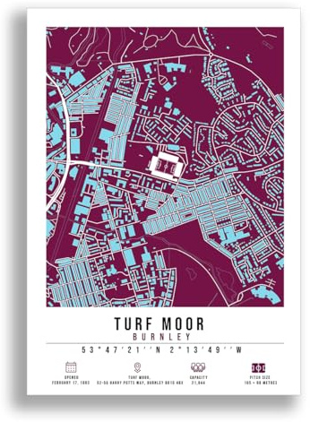 Mounted Gifts Trading Turf Moor Stadium Map Minimalist A4/A3 Poster Photo Print Framed Gift Burnley (A4 Poster Only)