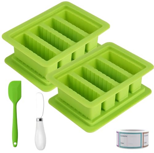 Set di 2 stampi per burro in silicone con coperchio, vassoi rettangolari per cubetti di ghiaccio, include raschietto, taglierino e 200 etichette per burro, torte, sapone, 17 x 12 x 5 cm