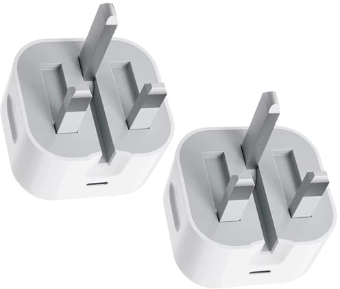 2PCS USB C Plug 20W PD Fast Charger Foldable Type C UK Wall Head Adapter for iPhone 15/15Plus /15 Pro Max /14/13/12 /11Series/SE/iPad Pro/Air/Mini, for Apple Watch/AirPods Pro (Cable Not Included)