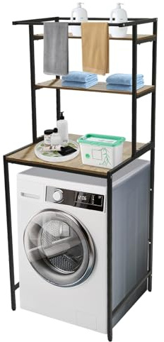 Armadio per lavatrice a 3 piani, organizer da bagno, salvaspazio, portasciugamani ad alta capacità di carico, 69 x 60 x 176,5 cm, in metallo (nero+rovere)