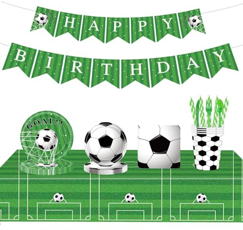 162pcs Birthday Decorations - Including Party Plates, Cups and Napkins, Table Cloth, Perfect for Kids Adult Birthday,Wedding,Baby Shower Party (Football)