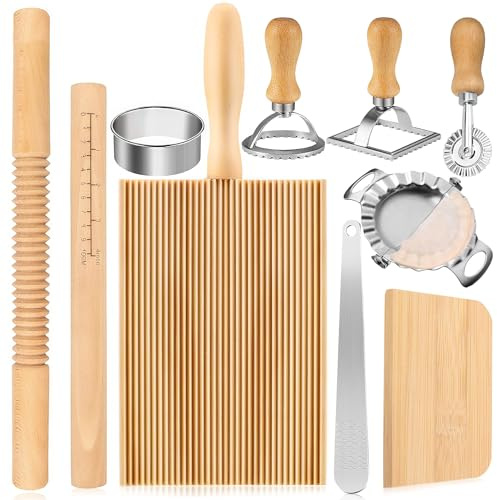 Il kit di 10 strumenti per la preparazione della pasta include mattarello in legno per gnocchi, raschietto, ravioli, stampini per ravioli, stampi per ravioli, per amanti della cottura e regalo fai da