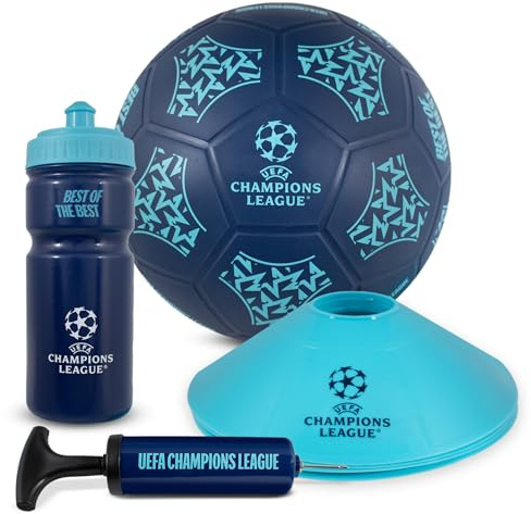 Hy-Pro Offiziell Lizenziertes UEFA Champions League Straßenball-Set – UCL, Größe 5, weicher Ball, Pumpe, 500 ml Wiederverwendbare Kunststoffflasche, 4 Kegel, Merchandise, Geschenk-Set