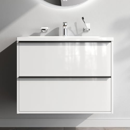 AM.PM Waschbeckenunterschrank Hängend mit Waschbecken, Badmöbel Set für Badezimmer & Gäste-WC, Waschtischunterschrank mit 2 Soft-Close-Schubladen, Flash, 80 cm, 2 Schubladen, Weiß glänzend