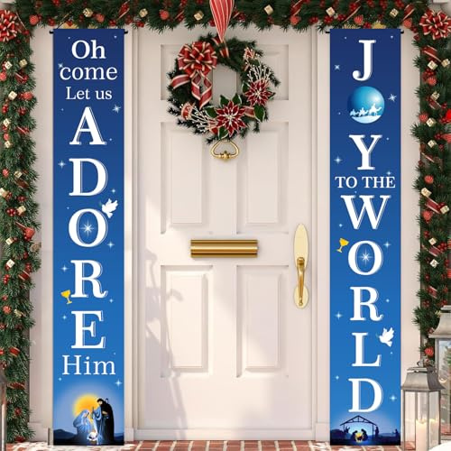Christmas Nativity Door Banner Porch Sign, JOY Christmas Nativity Decorations, Joy to the World Banner Sign Wall Hanging