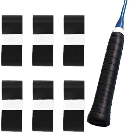 6 Pièces Grip Raquette Badminton, Ruban de Raquette Grip Antidérapant, Auto-adhésif Bande de Maintien Grip Raquette Tennis Absorbante Respirantes Surgrip Padel pour Squash Tennis Badminton (Noir)