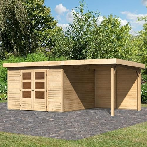Karibu Askola 6 | Abri de Jardin Bois Massif 9,24m² avec Appentis 240cm | Terrasse Couverte, Double Porte Vitrée, Toiture Feutre Bitumé | Épicéa Nordique Naturel