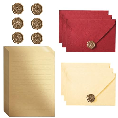 32 Stück Vintage Briefpapier mit Umschlag Set aus 6 Umschlägen, 20 Briefpapier und 6 Wachssiegel Stickern, Rustikale Kraftpapier Umschläge für Einladung, Karten und Briefumschläge Hochzeit