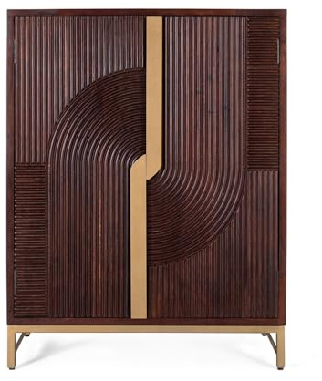 GC GINER & COLOMER Mueble Bar - Botellero de Madera Maciza de Mango - Mueble Bar de Salón con 2 Puertas - Mini Bar con Base de Metal - Acabado Cerezo - 119 x 91 x 46 cm