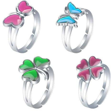 FHRYNA 4 Bagues d'humeur pour filles, bagues changeant de couleur avec motifs d'animaux et de fleurs, d'émotion ajustables, de température pour pour l'amitié