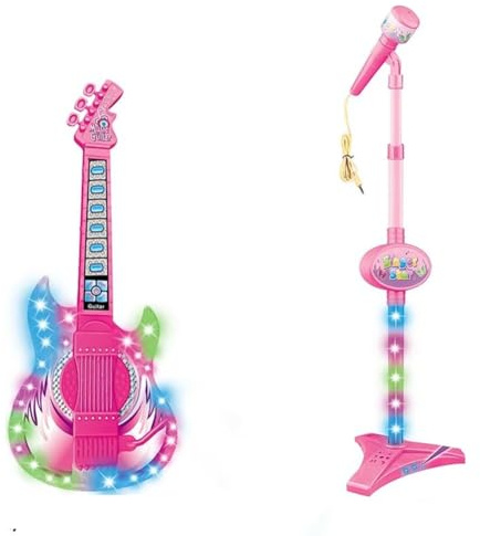 Jnchdghwa Chitarra Elettrica con Microfono Giocattolo Musicale Educativo con Luci Colorate e Suoni
